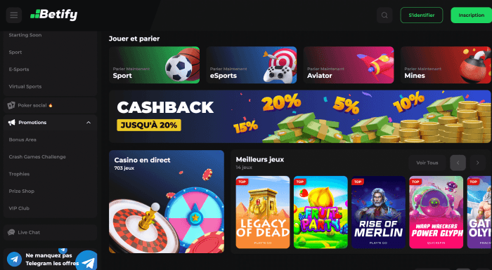 Interface da plataforma de casino online Betify, mostrando uma variedade de jogos de caça-níqueis e mesas