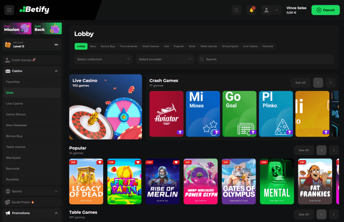 Catálogo de jogos no site do Betify Casino