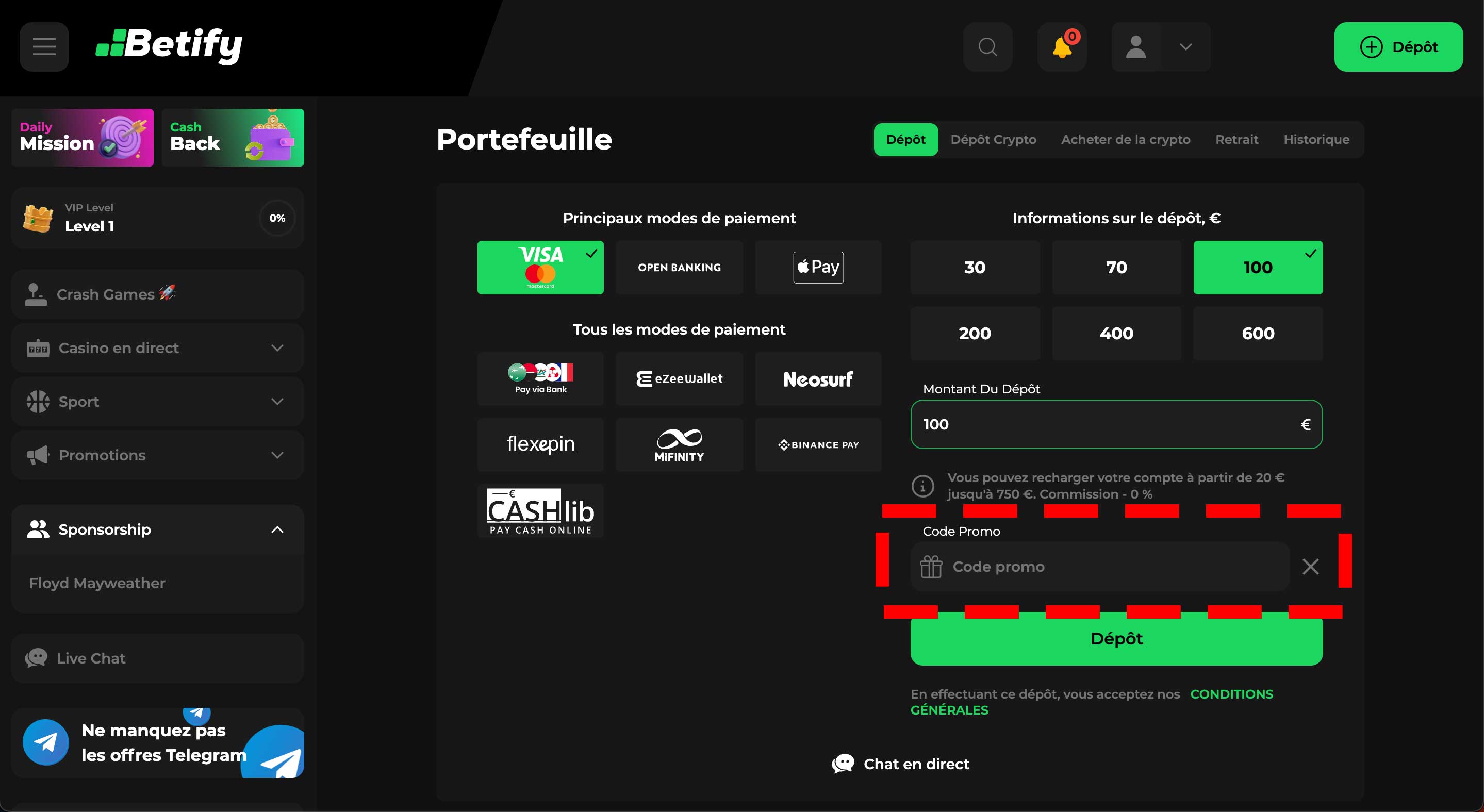 Code promo Betify dépôt sur le compte joueur