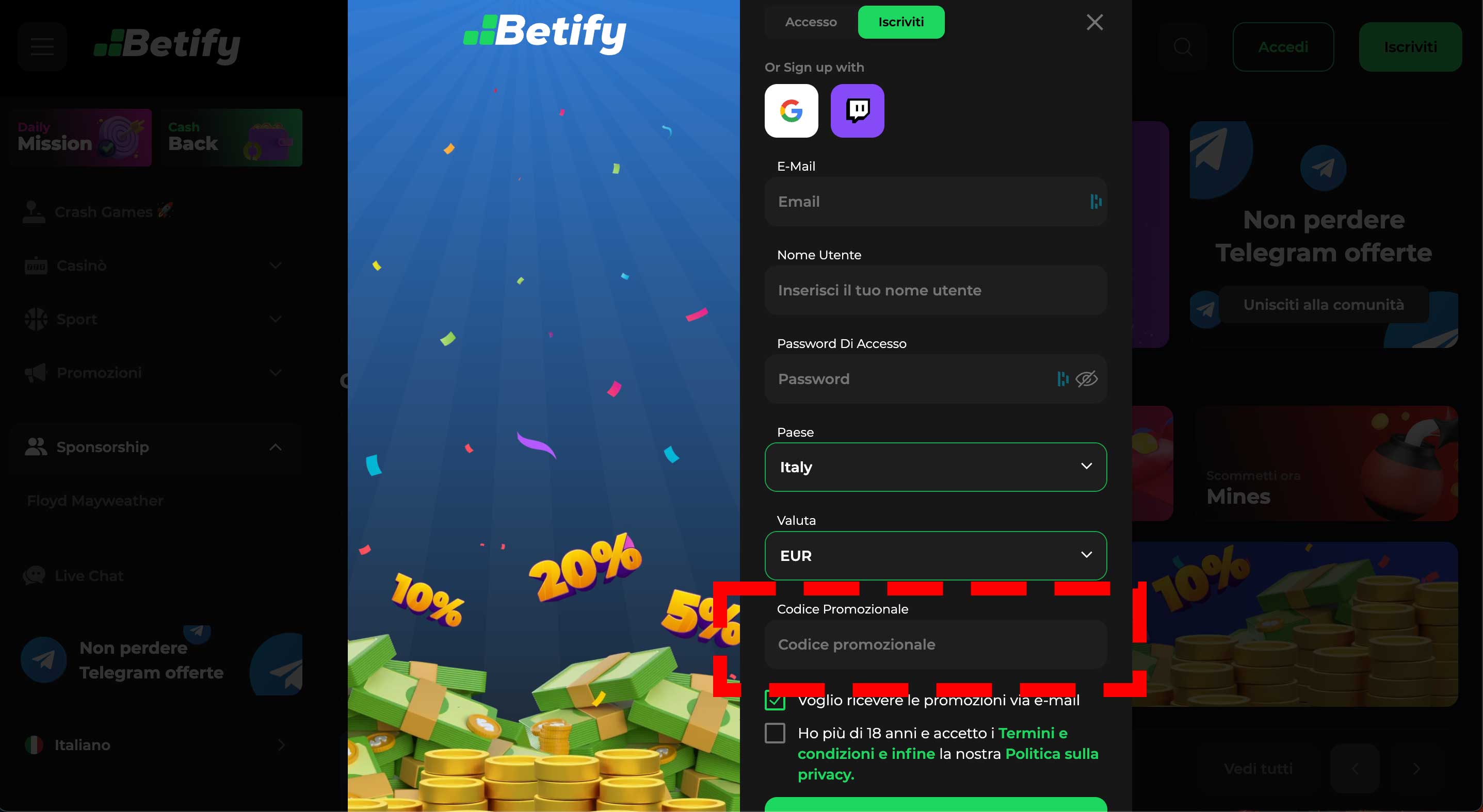 Codice promozionale iscrizione Betify