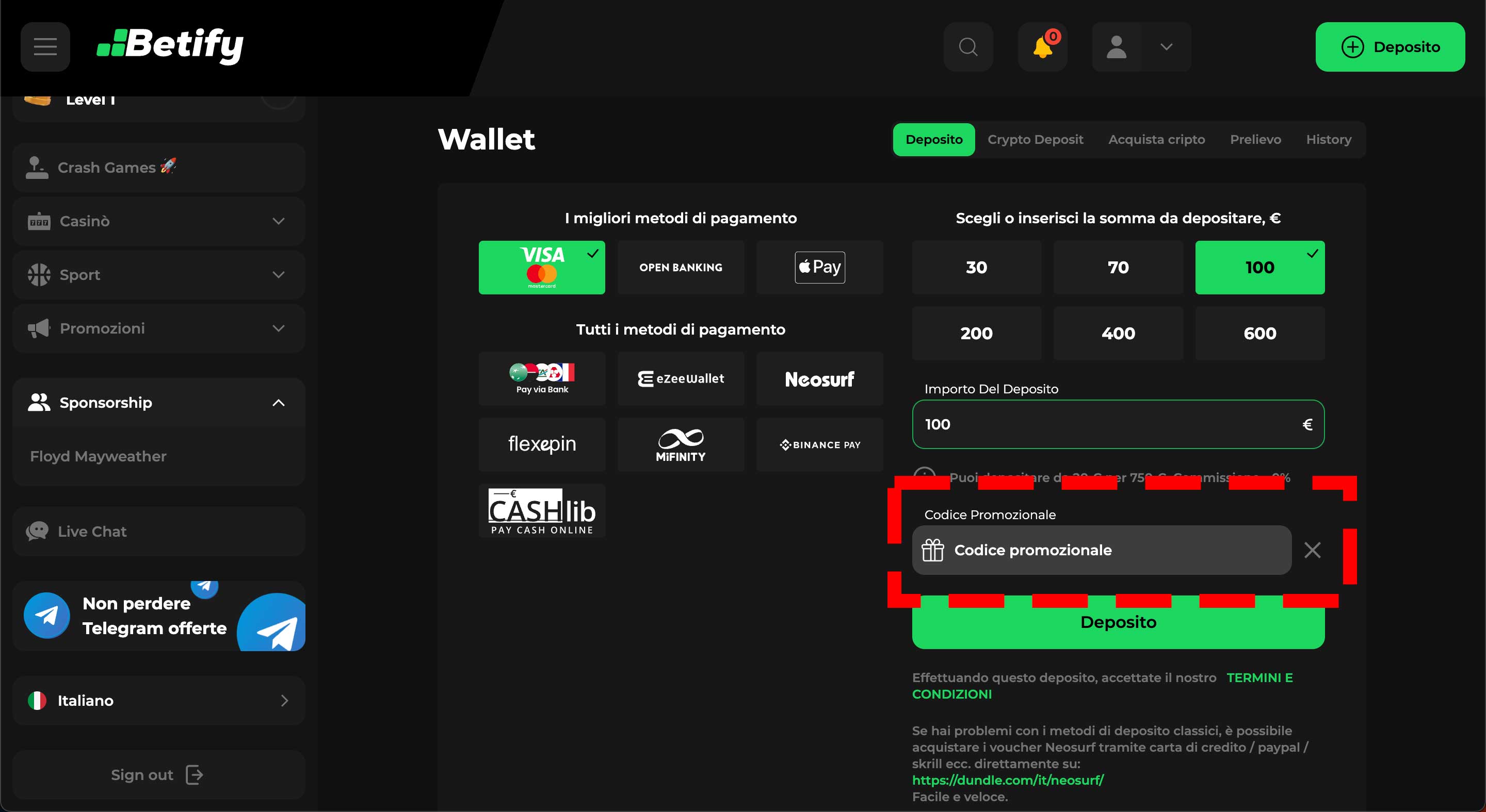 Ccodice promozionale Betify durante un deposito
