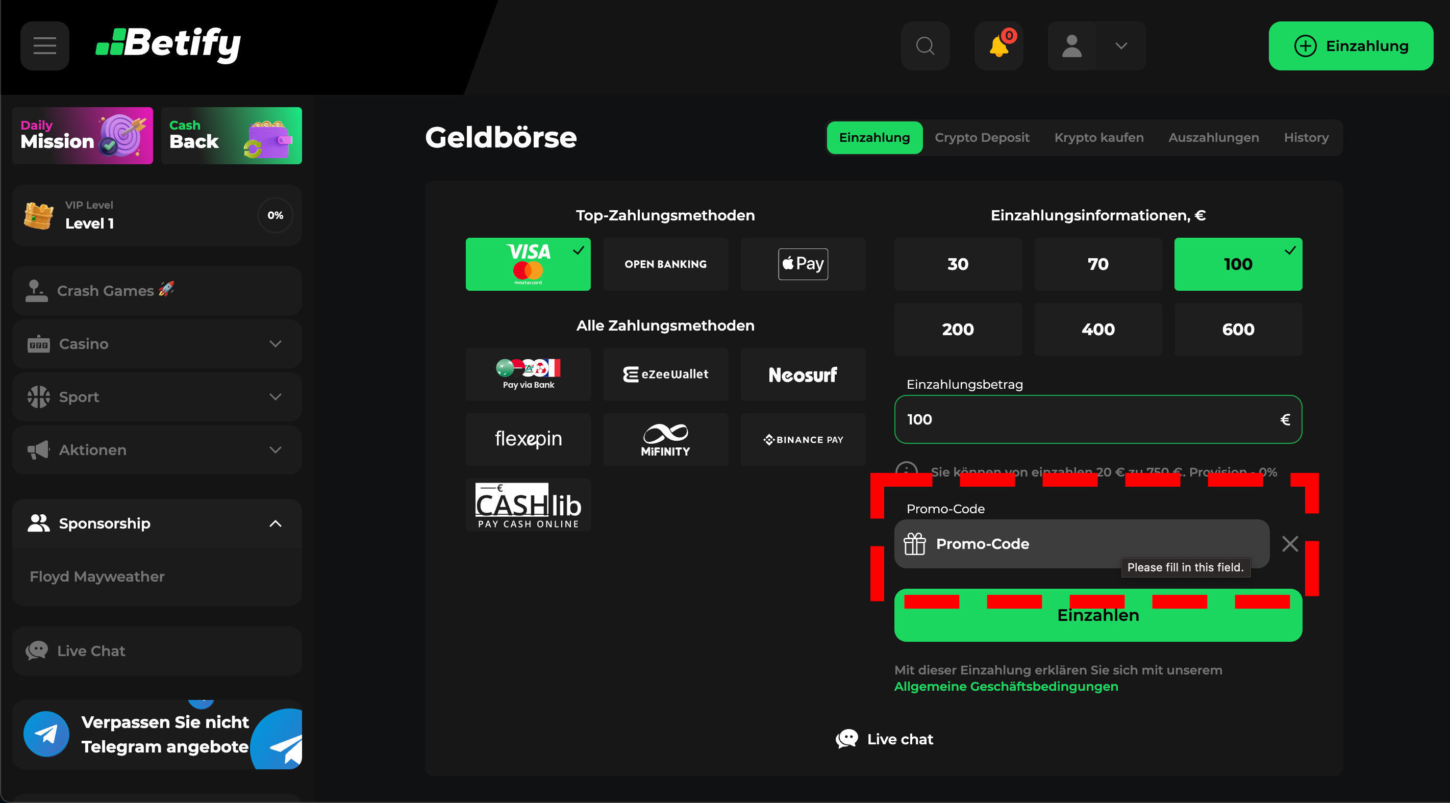 Gutscheincode Betify Geld einzahlen