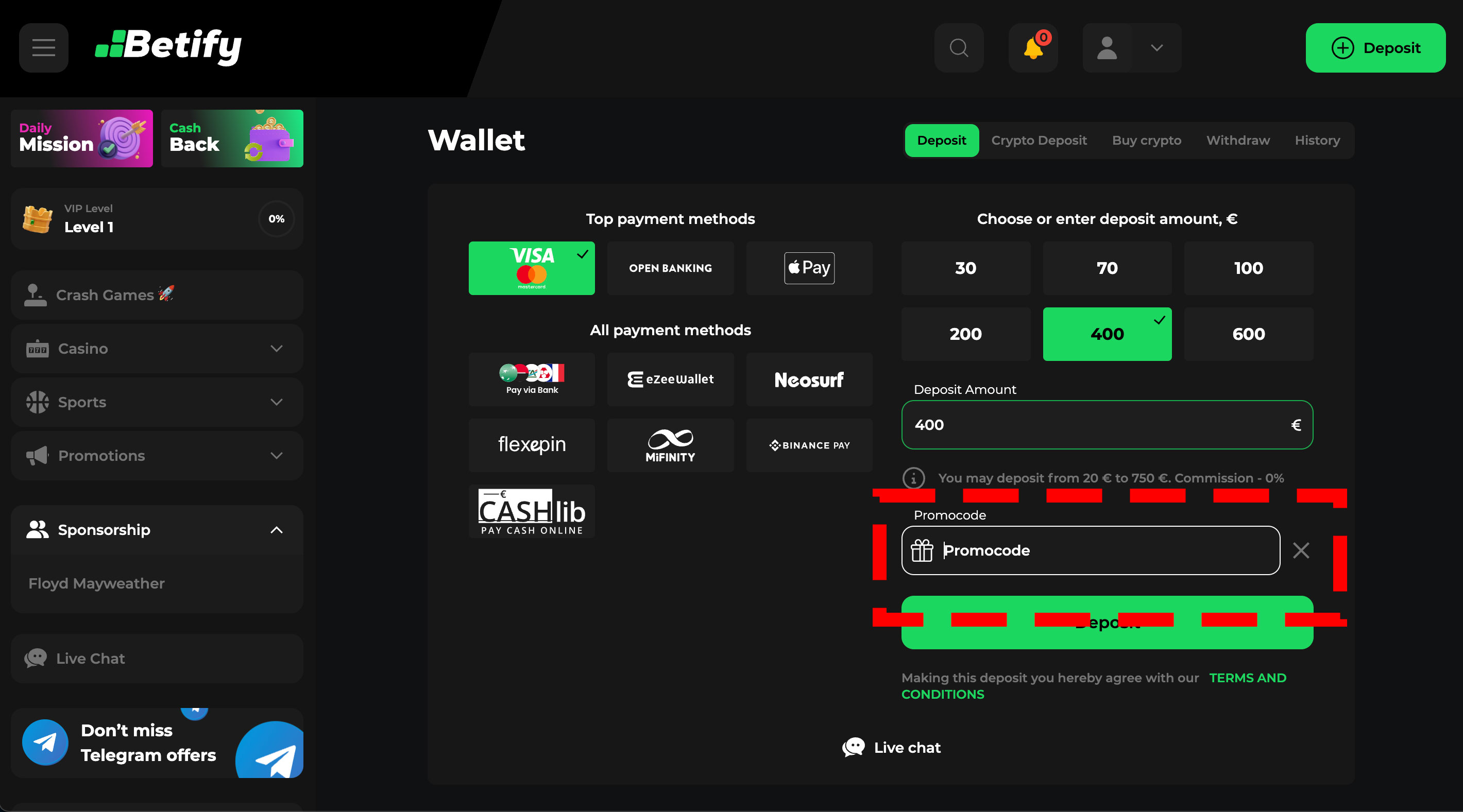 Promo code betify during deposit